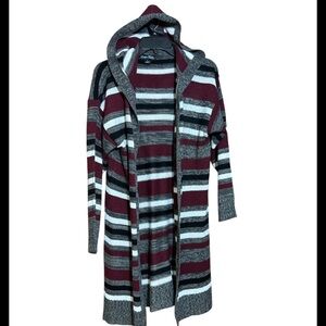 Striped Hooded Open-Front Cardigan in Burgundy and Gray